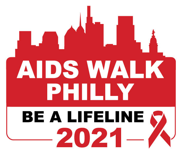 Skyline of Philadelphia in red with AIDS Walk Philly in white 
