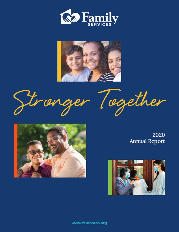 Blue background with three pictures of families, Family Services logo, and 2020 Annual Report in white text
