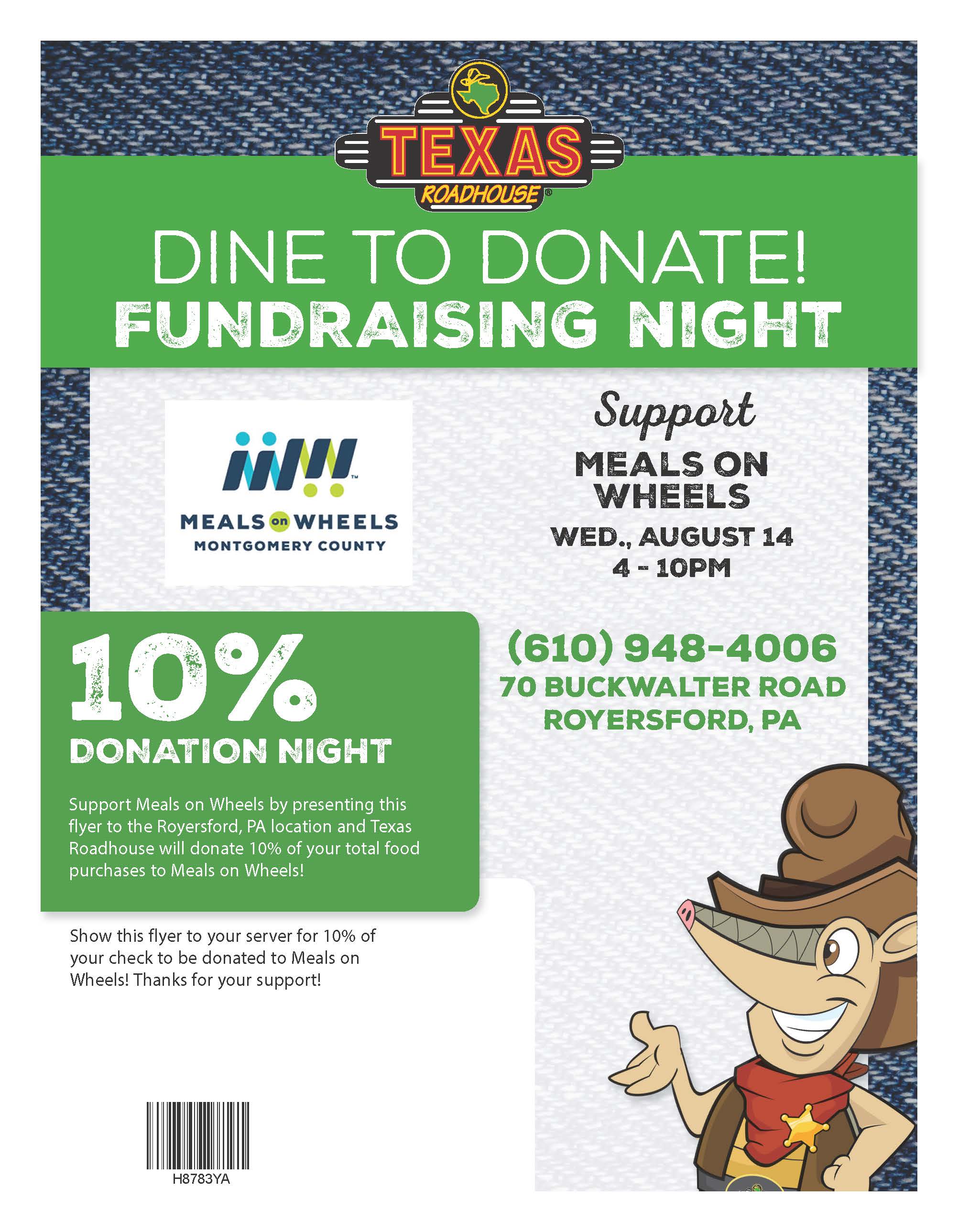 Dine to Donate Fundraising Night flyer for Meals on Wheels