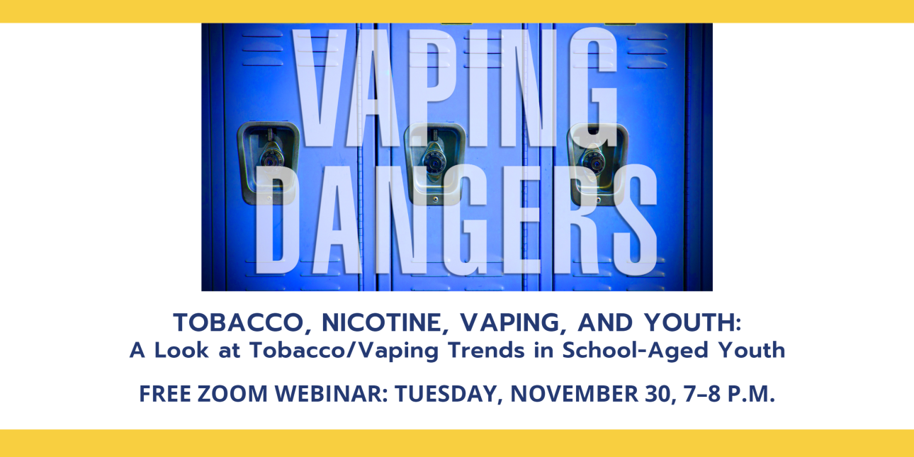 Series of three blue school lockers with white large text "Vaping Dangers"